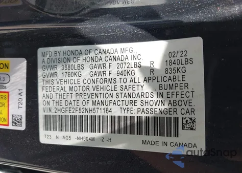 2022 Honda Civic Sport from USA, damaged, VIN 2HGFE2F52NH571164